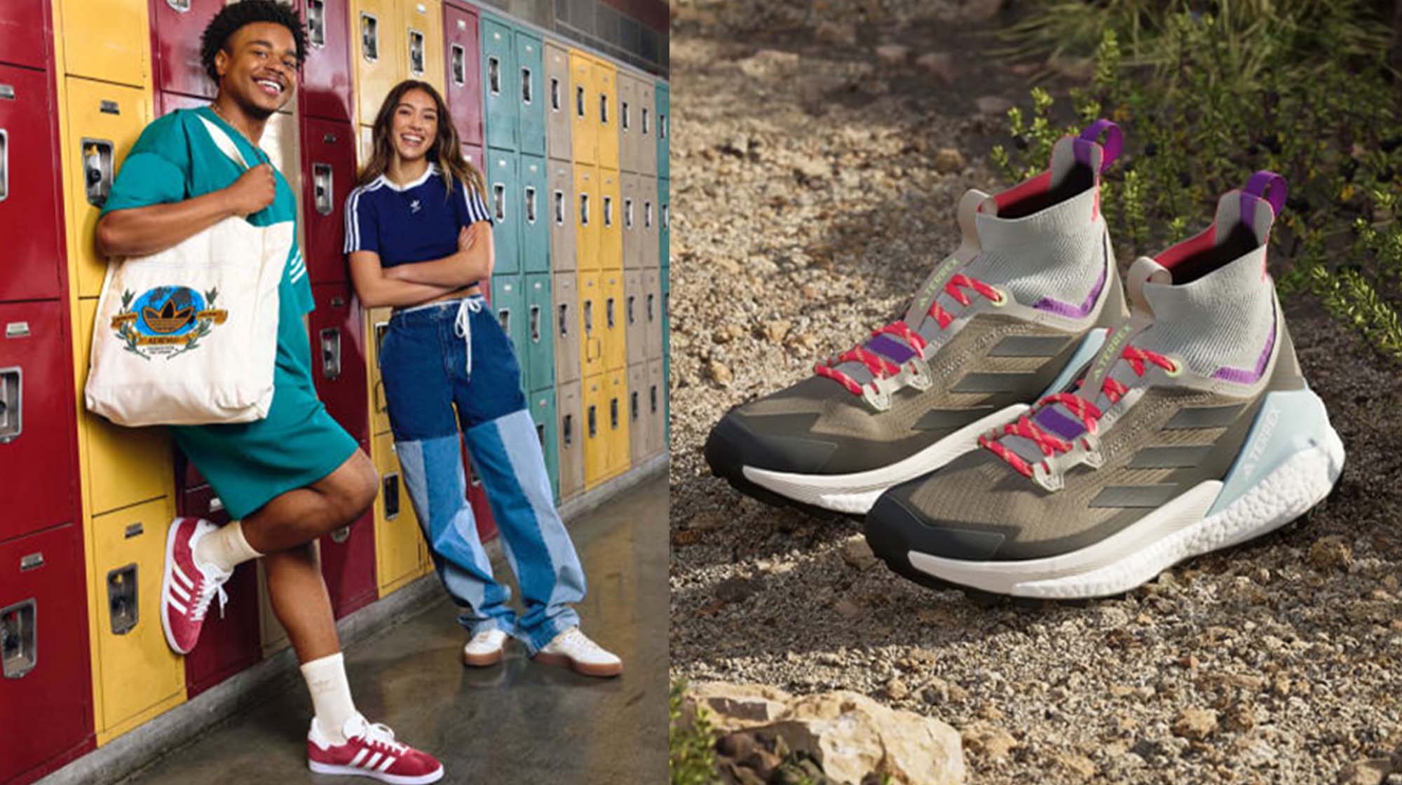 two models stand in front of colorful high school lockers; gray trail running shoes on gravel