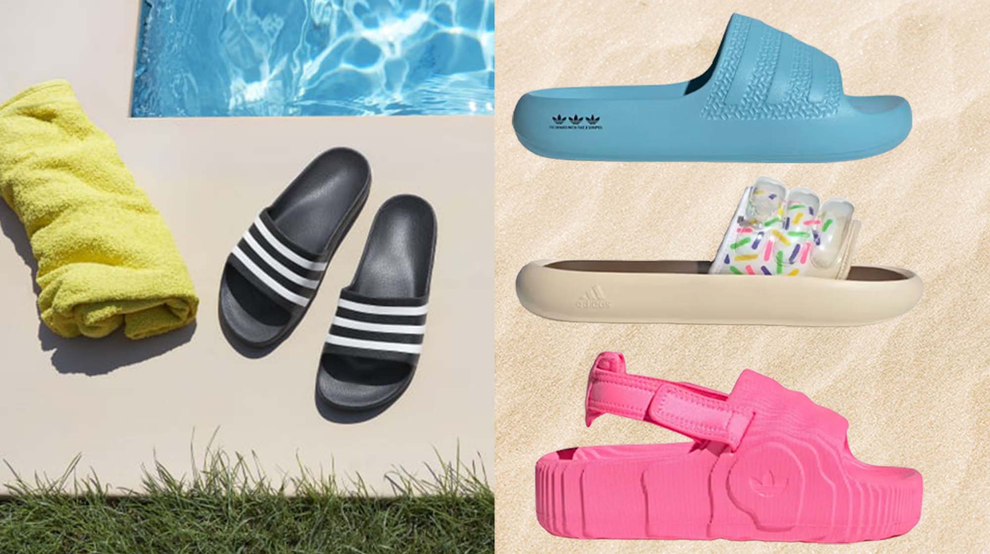 black slide sandals beside a pool; three slide sandals in front of sand background