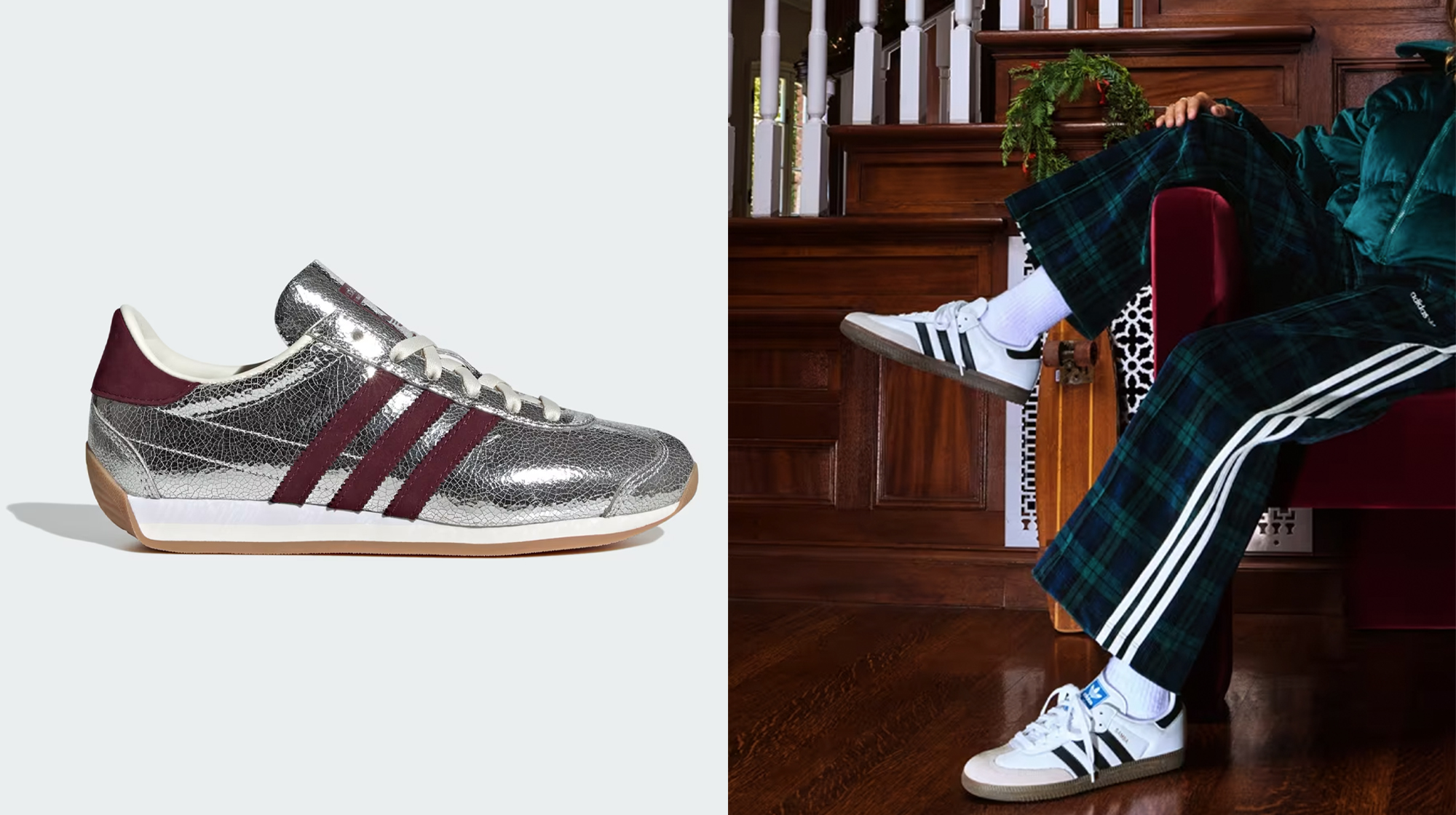 silver and burgundy adidas sneakers; woman wearing adidas sneakers