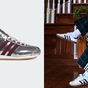 silver and burgundy adidas sneakers; woman wearing adidas sneakers