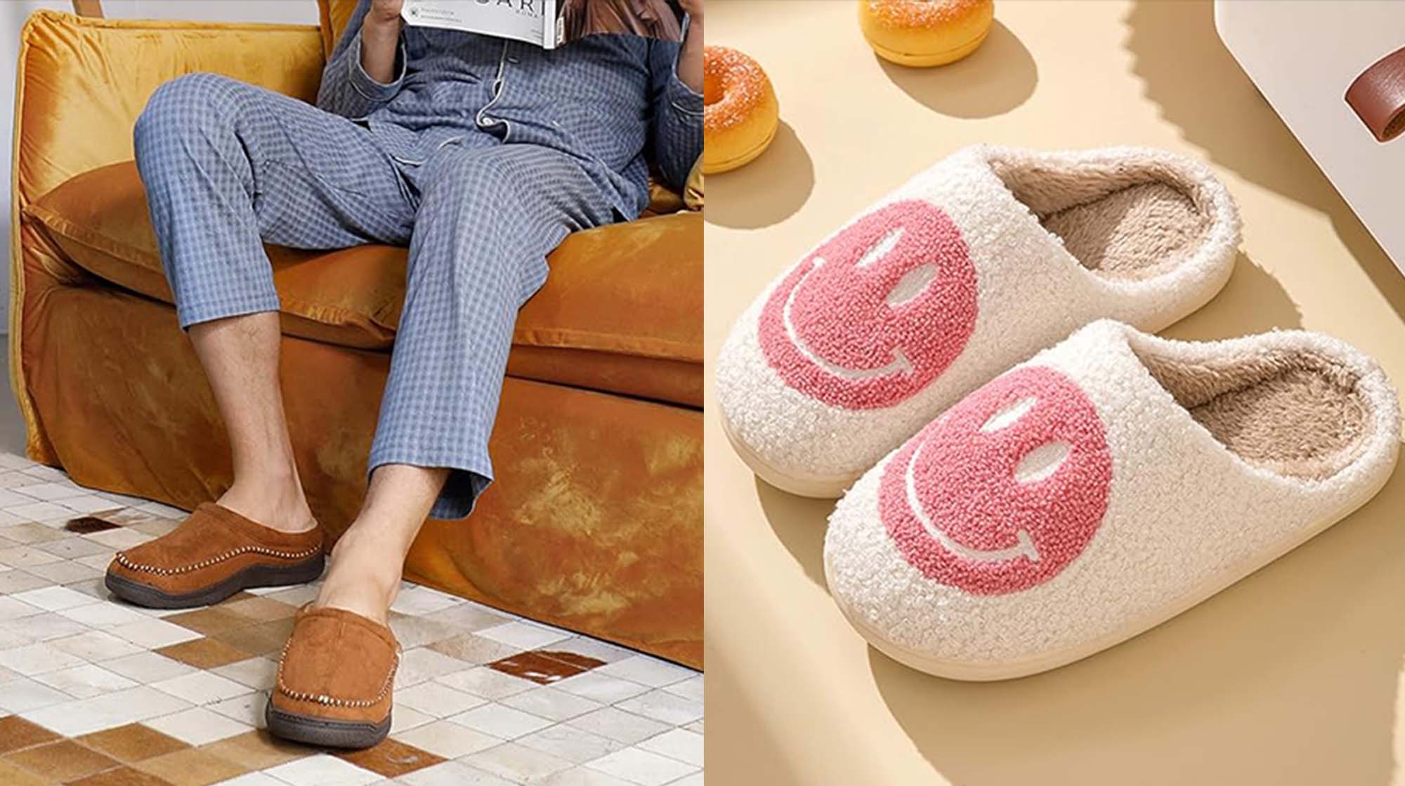 man reading newspaper in pajamas on couch wearing slippers; fuzzy slippers with pink smile face graphic