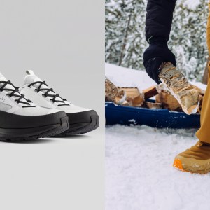 winter sneakers on grey background; man wearing winter sneakers outside in the snow