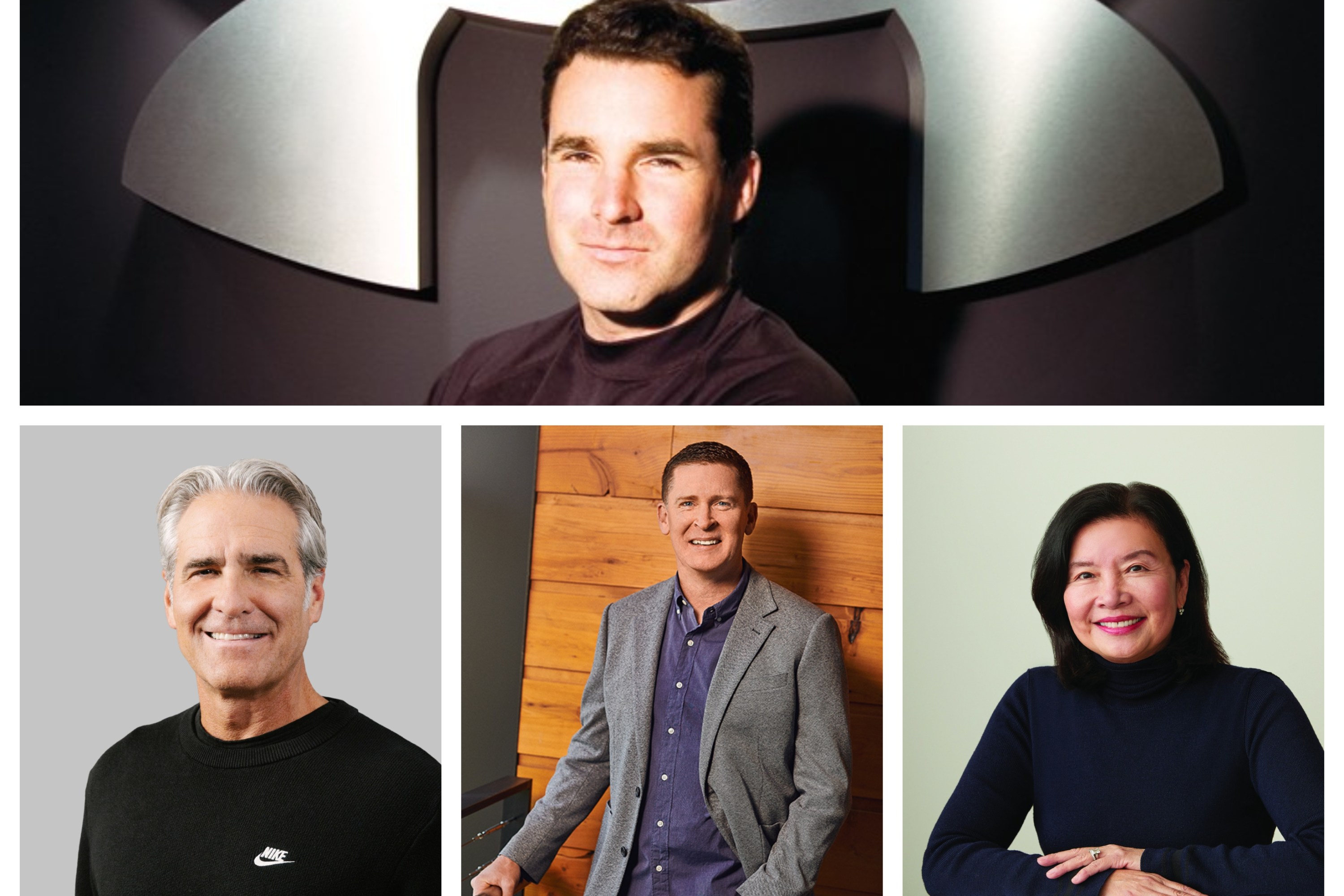 Under Armour CEO Kevin Plank (top), Nike CEO Elliott Hill (bottom left), Brooks CEO Dan Sheridan (bottom center), Rothy's CEO Jenny Ming (bottom right)