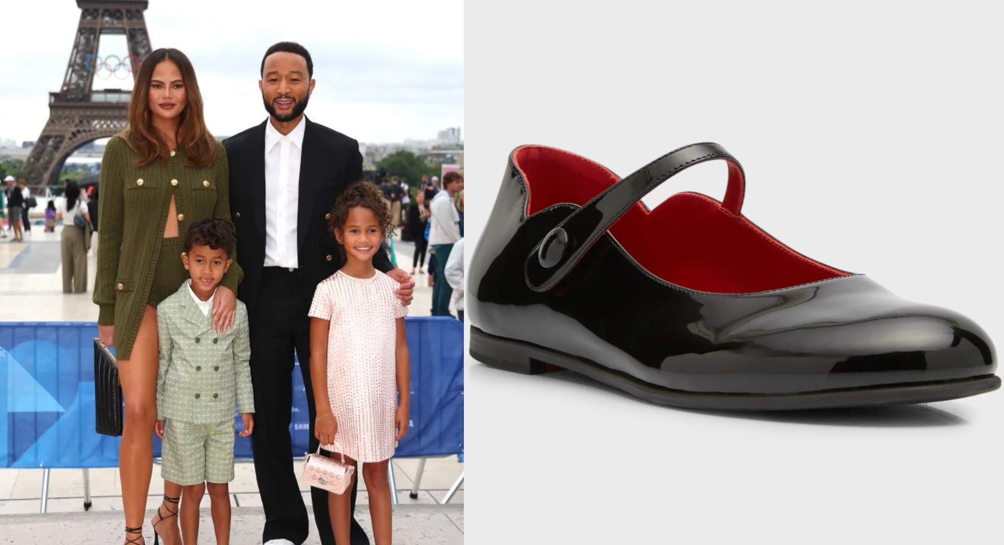 Left: Chrissy Teigen and John Legend with children Miles and Luna ahead of the Paris Olympics Opening Ceremony on July 26, 2024. 
Right: Christian Louboutin Melodie scalloped ballerina flat