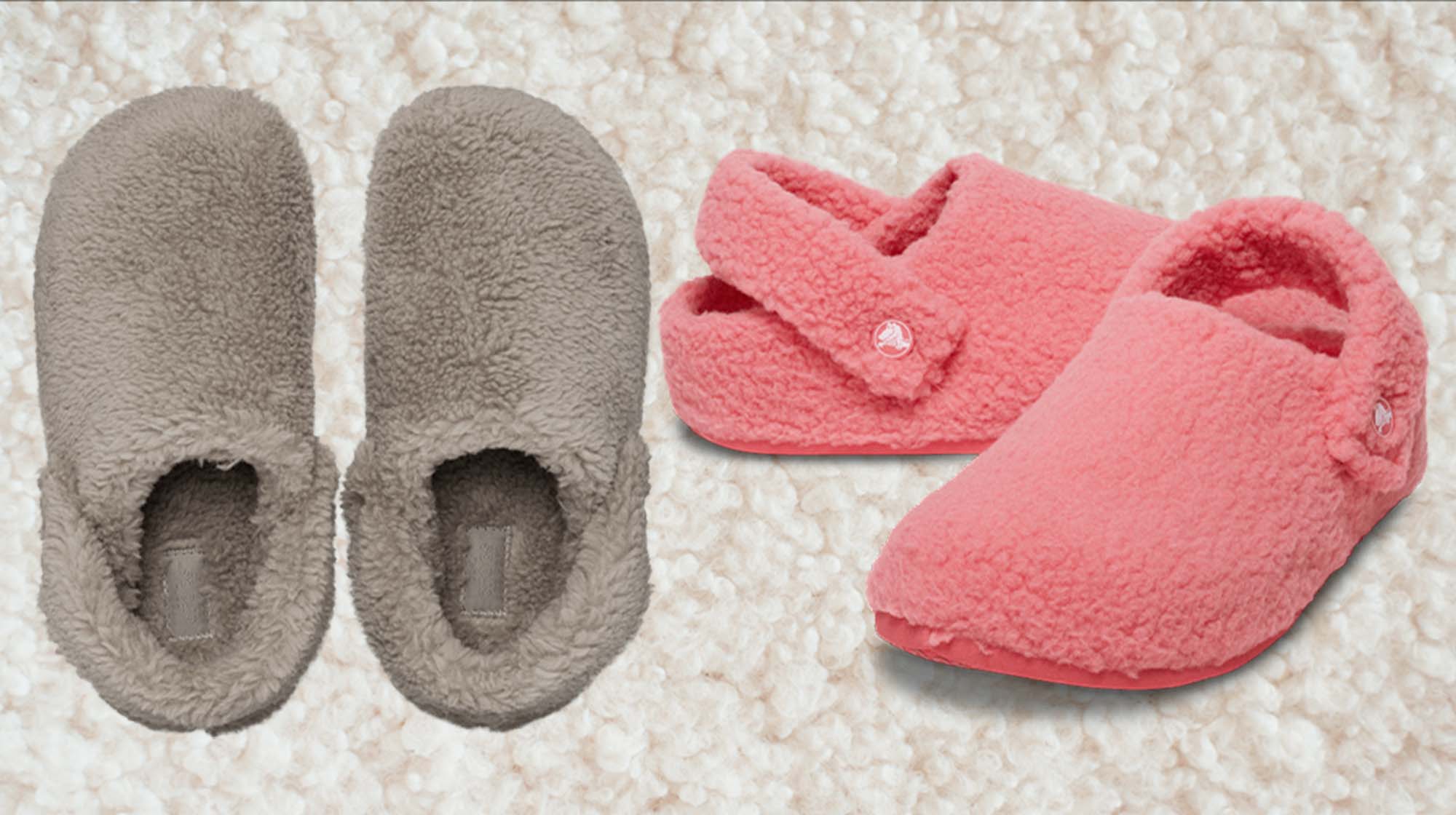 gray and pink shearling clog slippers