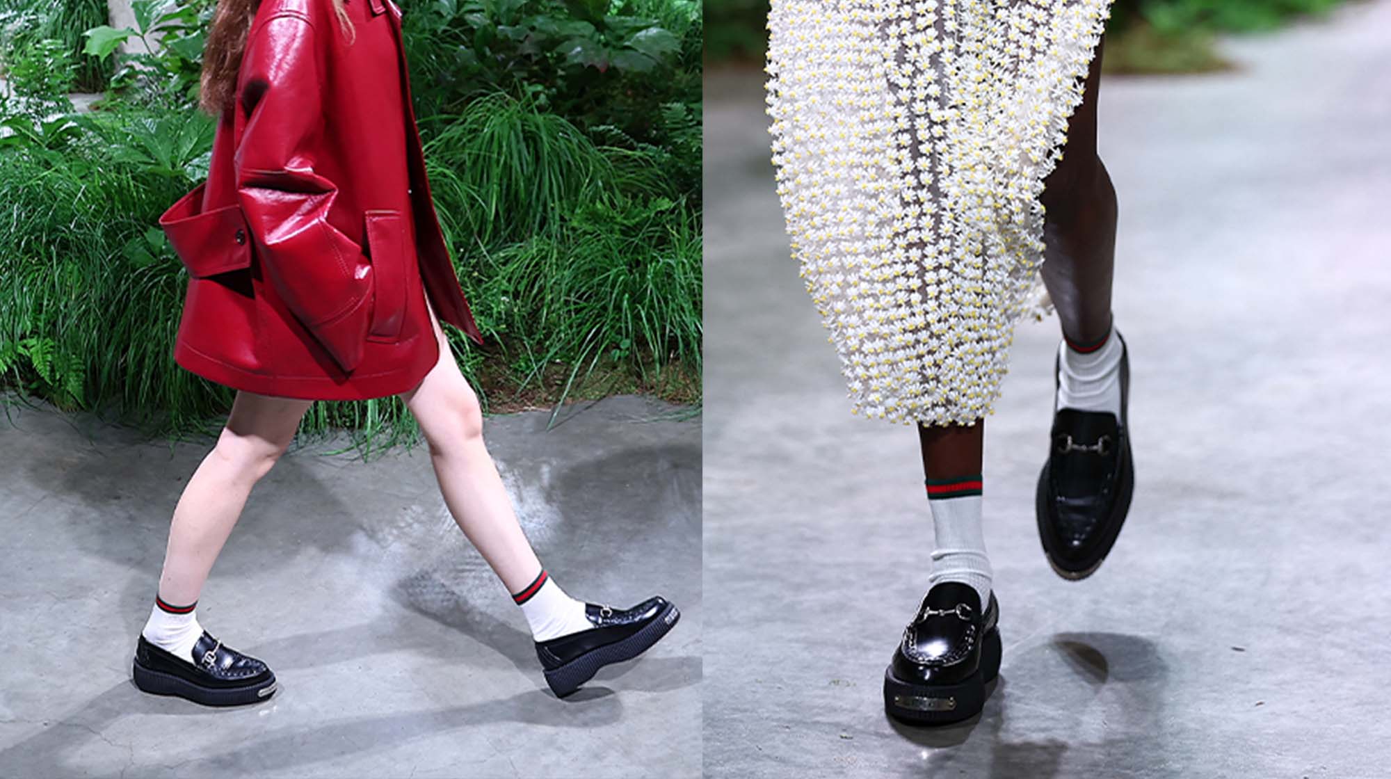 models wear white crew socks with red and blue striping at the Gucci Cruise runway