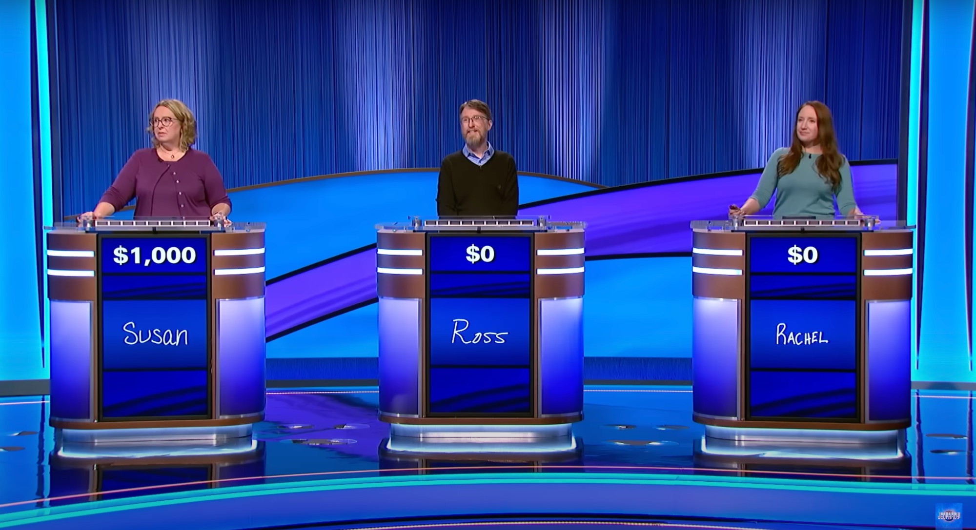 "Jeopardy!" contestants Susan, Ross and Rachel.