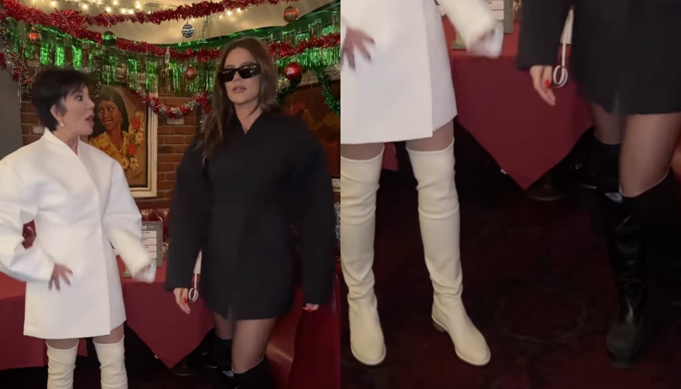 Kris Jenner and Khloe Kardashian wearing matching boots at holiday party