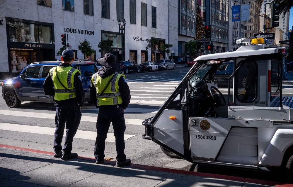 Police in the Union Square shopping district of San Francisco.