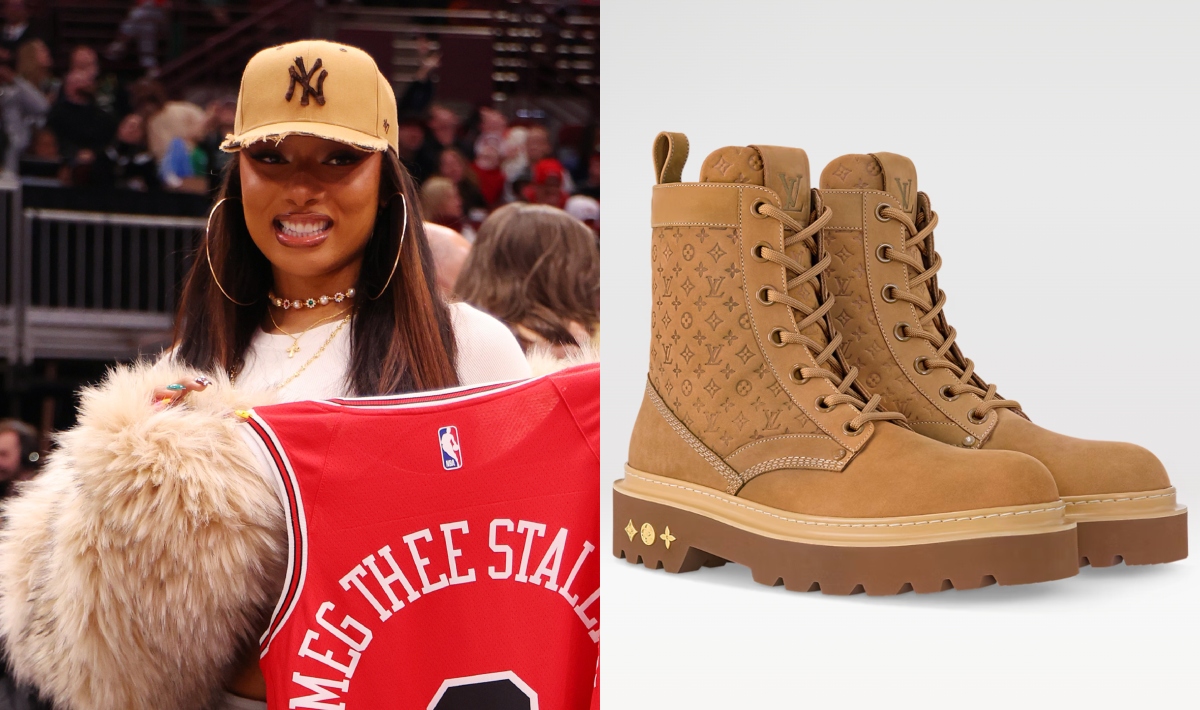 Megan Thee Stallion, boots, ankle boots, combat boots, Louis Vuitton, Timberland, basketball, YSL, faux fur