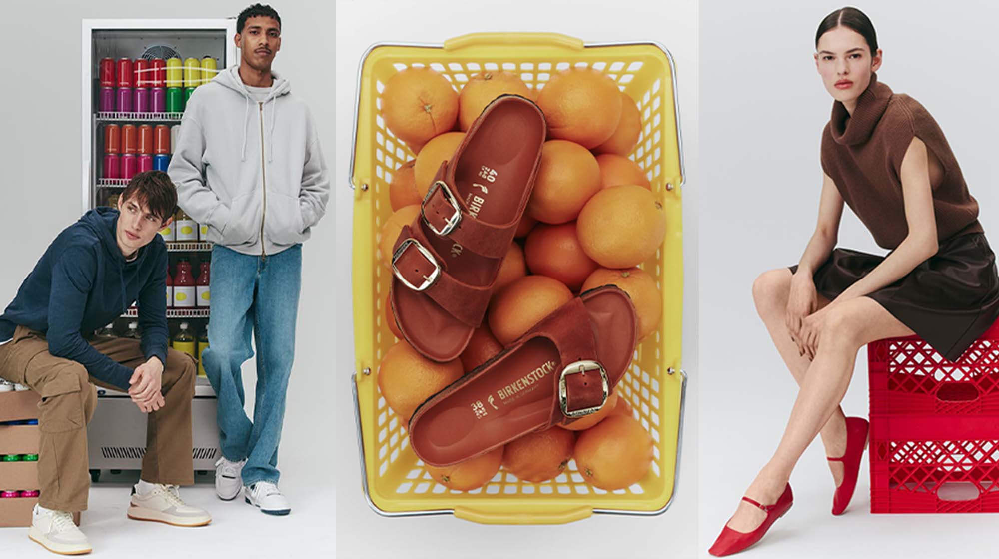 male models wearing sneakers; market basket full of oranges and birkenstock sandals; woman wearing red flats