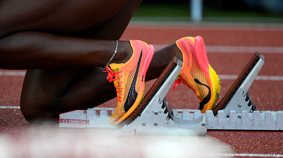 Nitro Elite Puma shoes on the blocks of the 400m hurdles women during the Wanda Diamond League Golden Gala meeting.