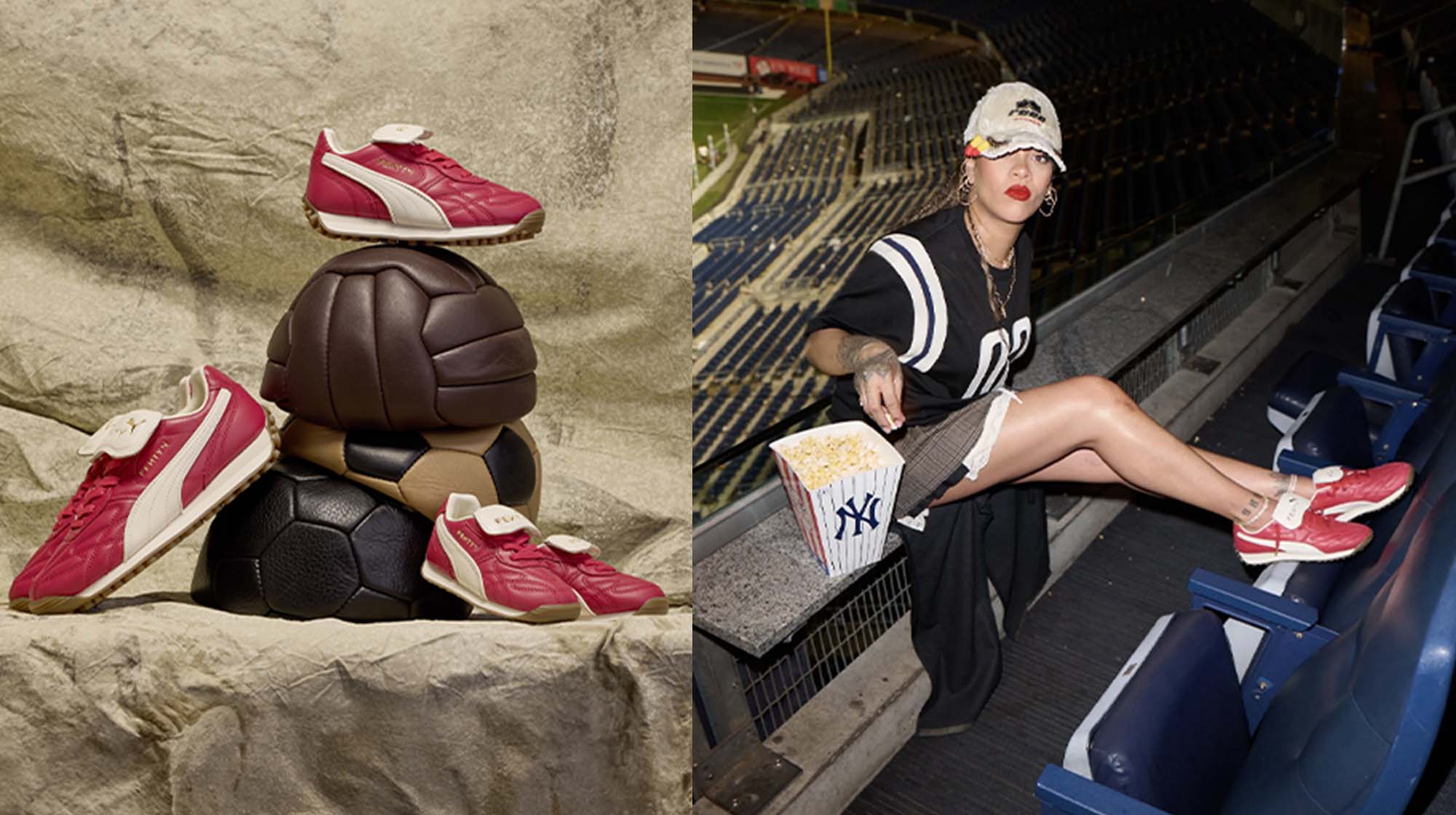 red Puma sneakers; Rihanna wearing red Puma sneakers