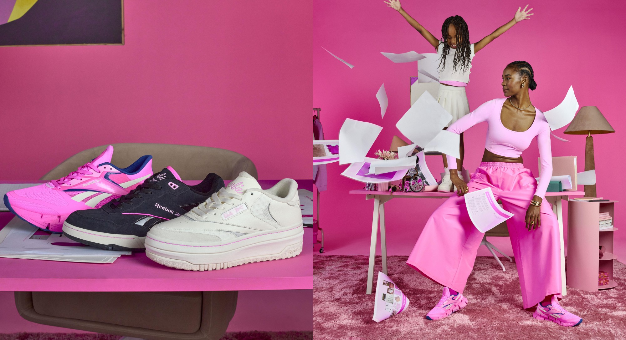 Campaign photos from the Reebok x Barbie collection.