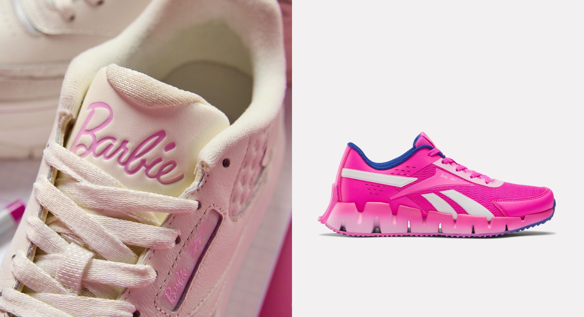 Two of the sneakers featured in the Reebok x Barbie collection.