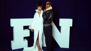 Rihanna and A$AP Rocky at the 2024 Footwear News Achievement Awards portrait studio held at Cipriani South Street on December 04, 2024 in New York, New York.