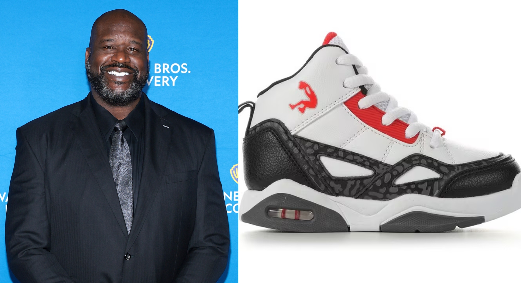 Shaquille O'Neal in New York City on July 17, 2024; Boys' Shaq Infant and Toddler Whistle Basketball Shoes.