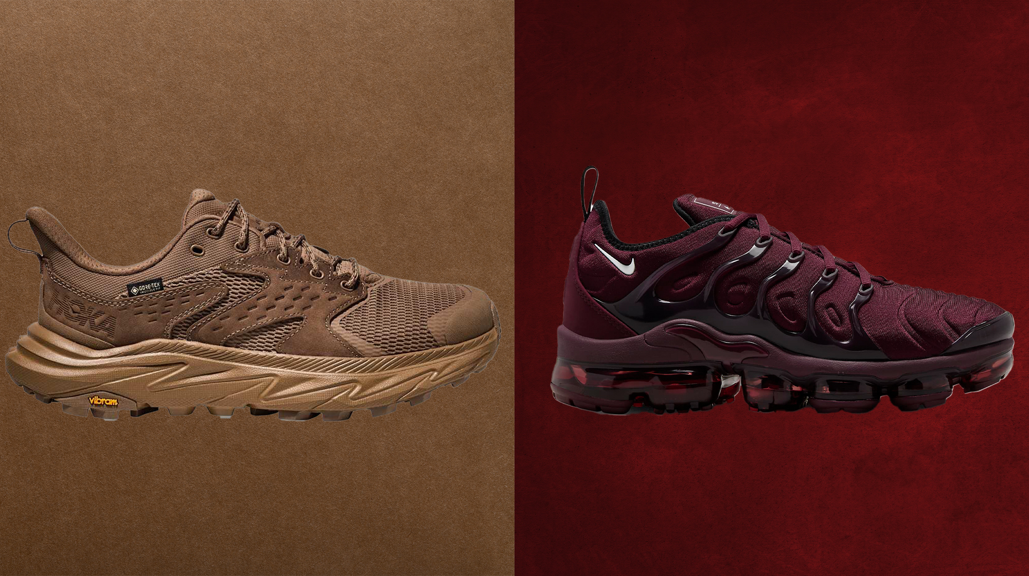 Hoka Anacapa 2 Low GORE-TEX Shoes in brown with trending color background in earth shade; Nike Air VaporMax Plus Sneakers in maroon colorway with maroon background