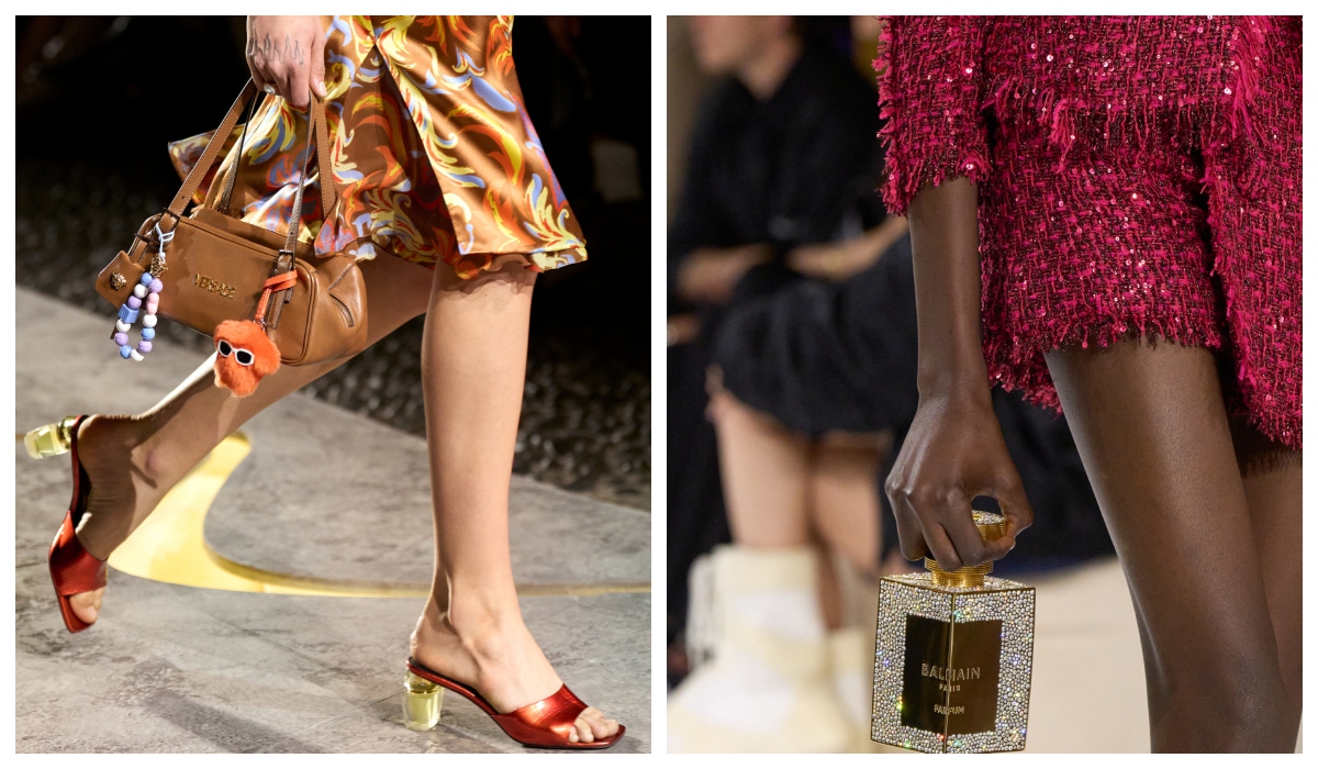 Spring '25 trends, shoes, bags, perfume bottles, versace, balmain