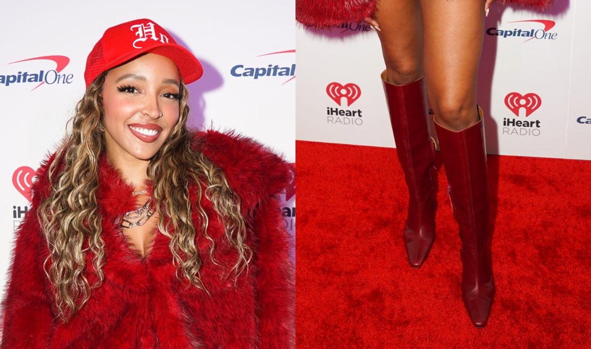 Tinashe, knee-high boots, leather, faux fur, burgundy, Jingle Ball 2024, Miami