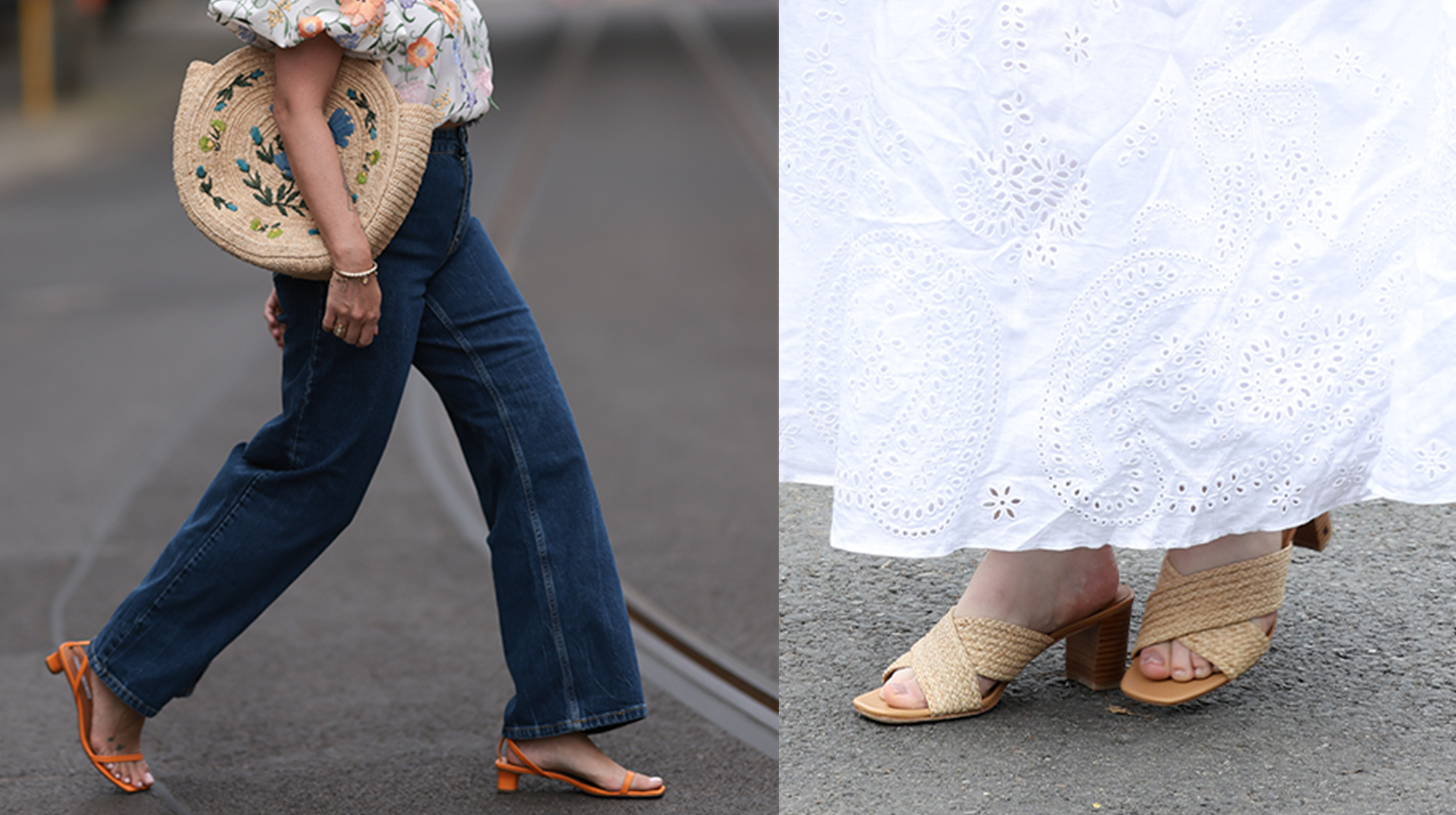 woman wearing jeans, a straw bag, and orange sandals walking on the street; close-up of woman's feet wearing raffia sandals